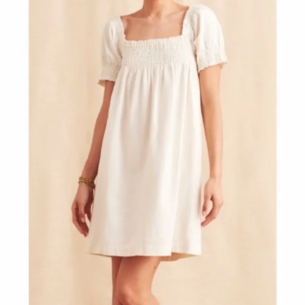 Faherty Ramona Women's Smocked Off White Mini Dress Puff Sleeve size S